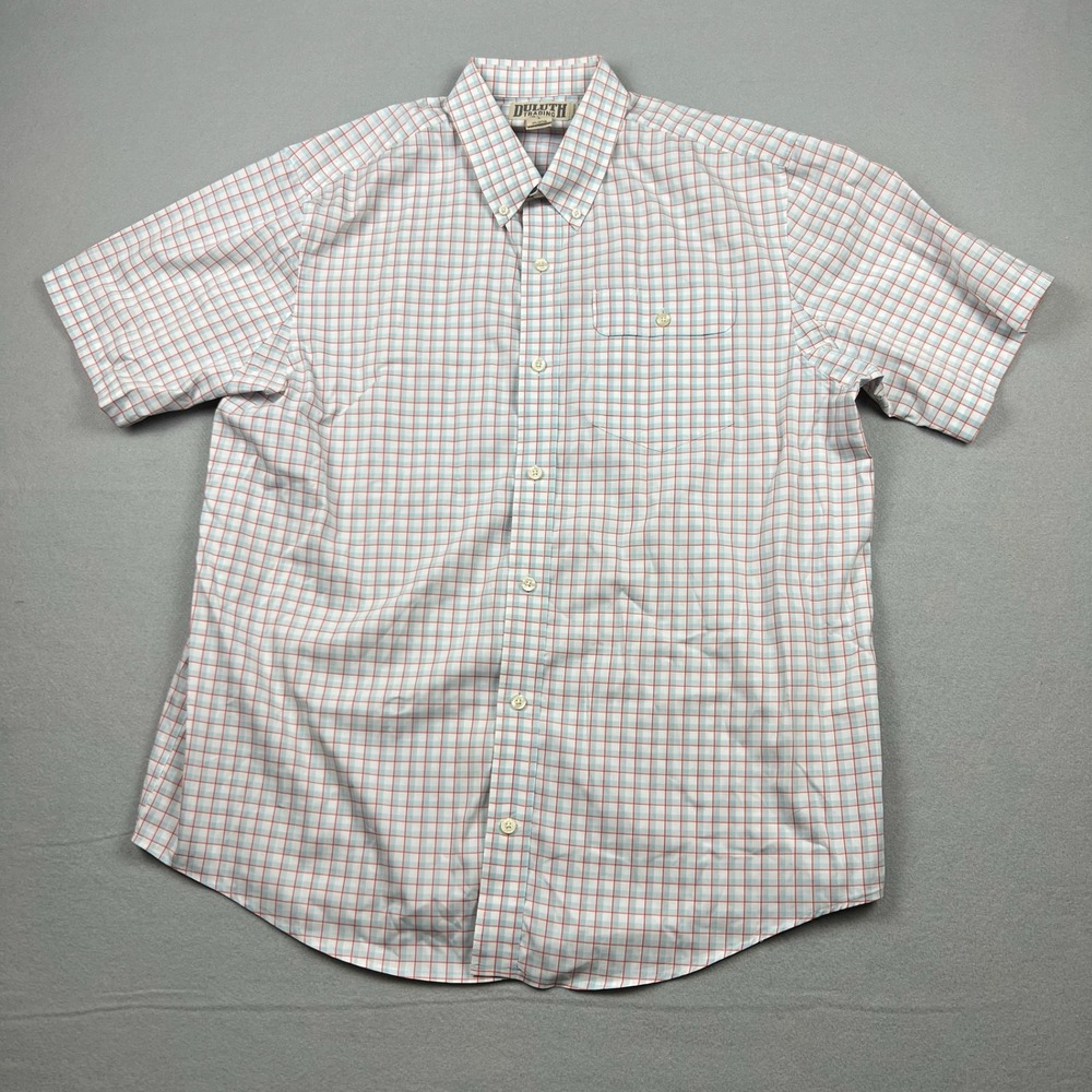 Duluth Trading Co Mens L Blue Orange Plaid Relaxed Fit SS Button Down Shirt